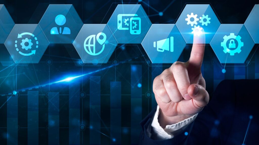 A person in business attire interacts with a blue-toned digital screen displaying technology and business icons, illustrating concepts like Business Process Automation through gears, a globe, a megaphone, and a lock.