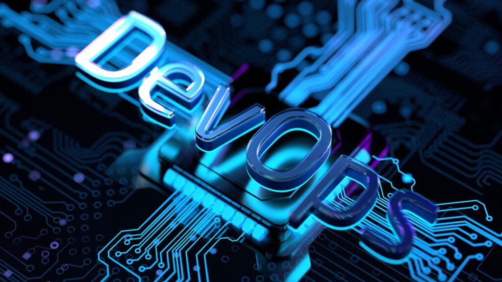 The word "DevOps" in 3D letters sits on a microchip, surrounded by glowing blue circuit lines, symbolizing the integration of DevOps processes on a dark background.