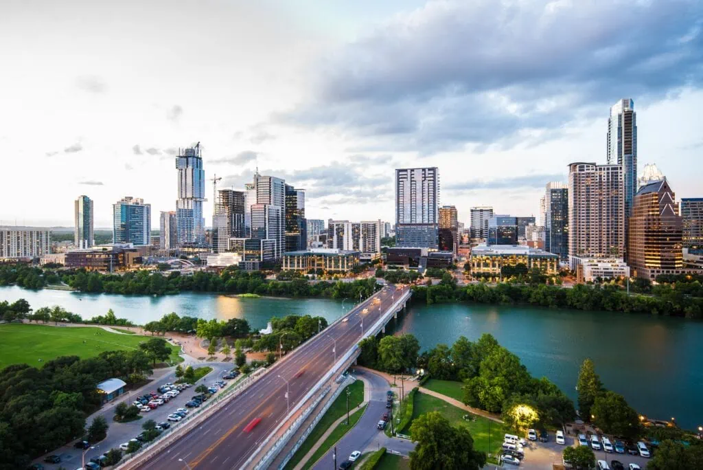 An aerial view of the city of Austin showcasing its IT services.