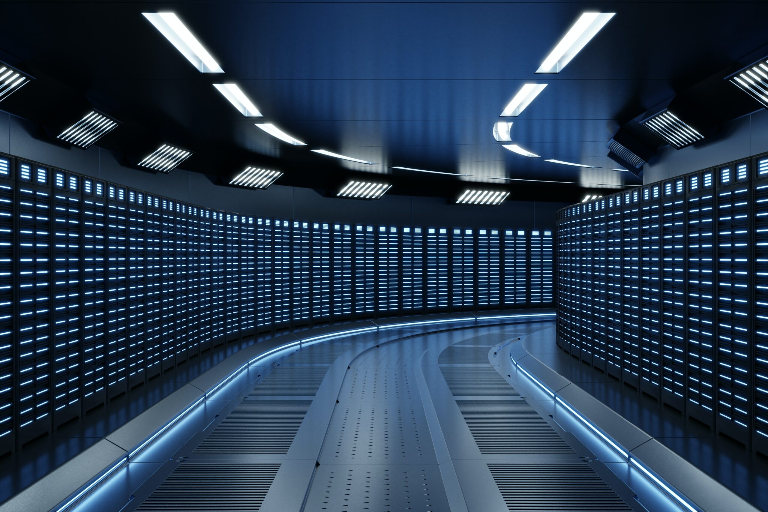 A futuristic image of a data center highlighting cloud storage.