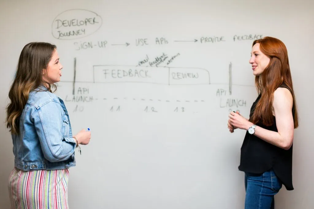 Two women discussing outsourced IT support in front of a whiteboard.