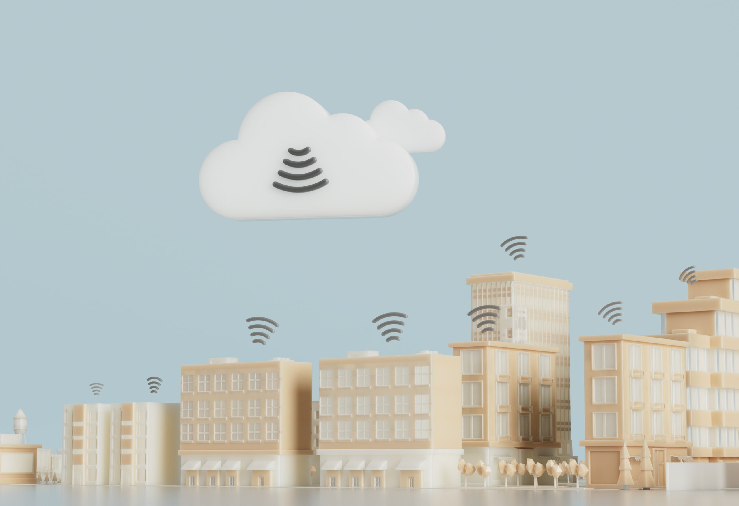 A 3d model of a city with wi-fi towers and a cloud, showcasing file synchronization using Dropbox.