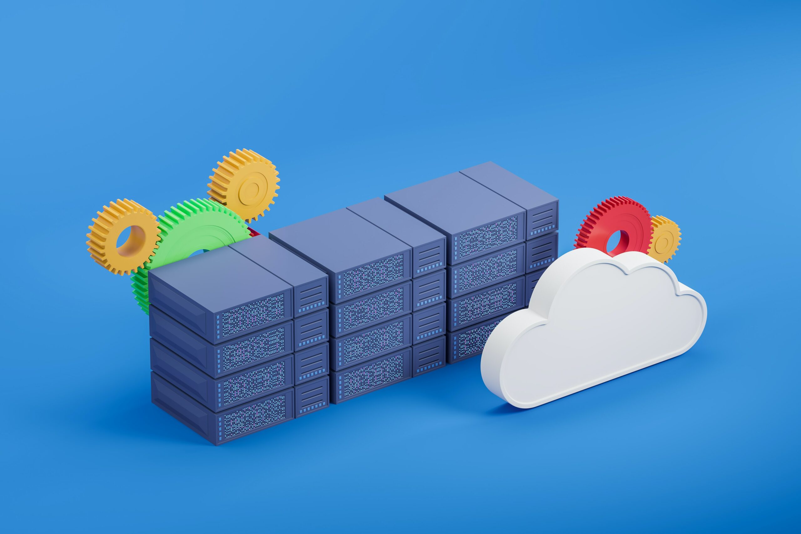 A cloud with gears on a blue background, illustrating the process of syncing files with Dropbox.