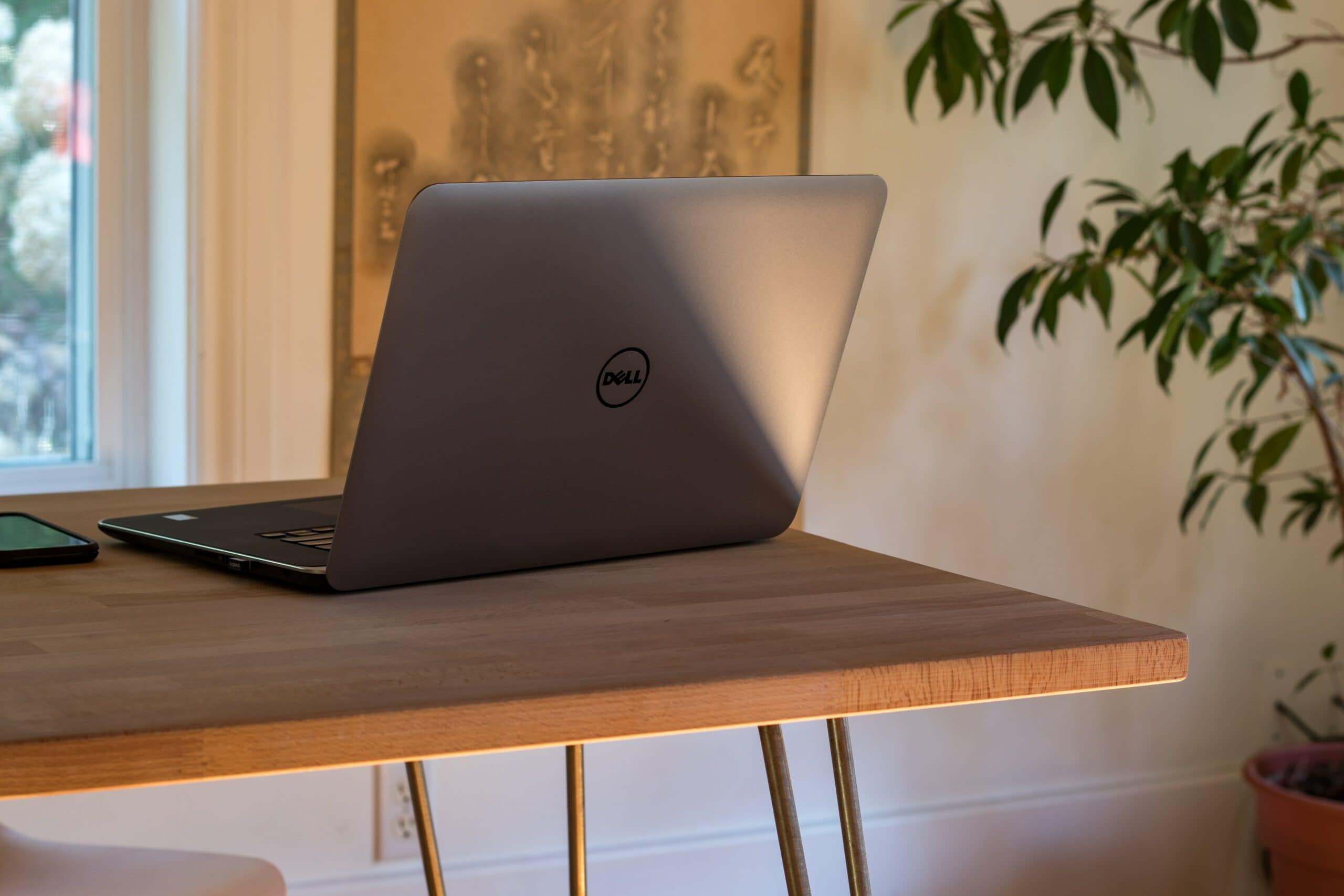 A Dell laptop sits on a wooden desk next to a plant, while running slow due to fragmentation.