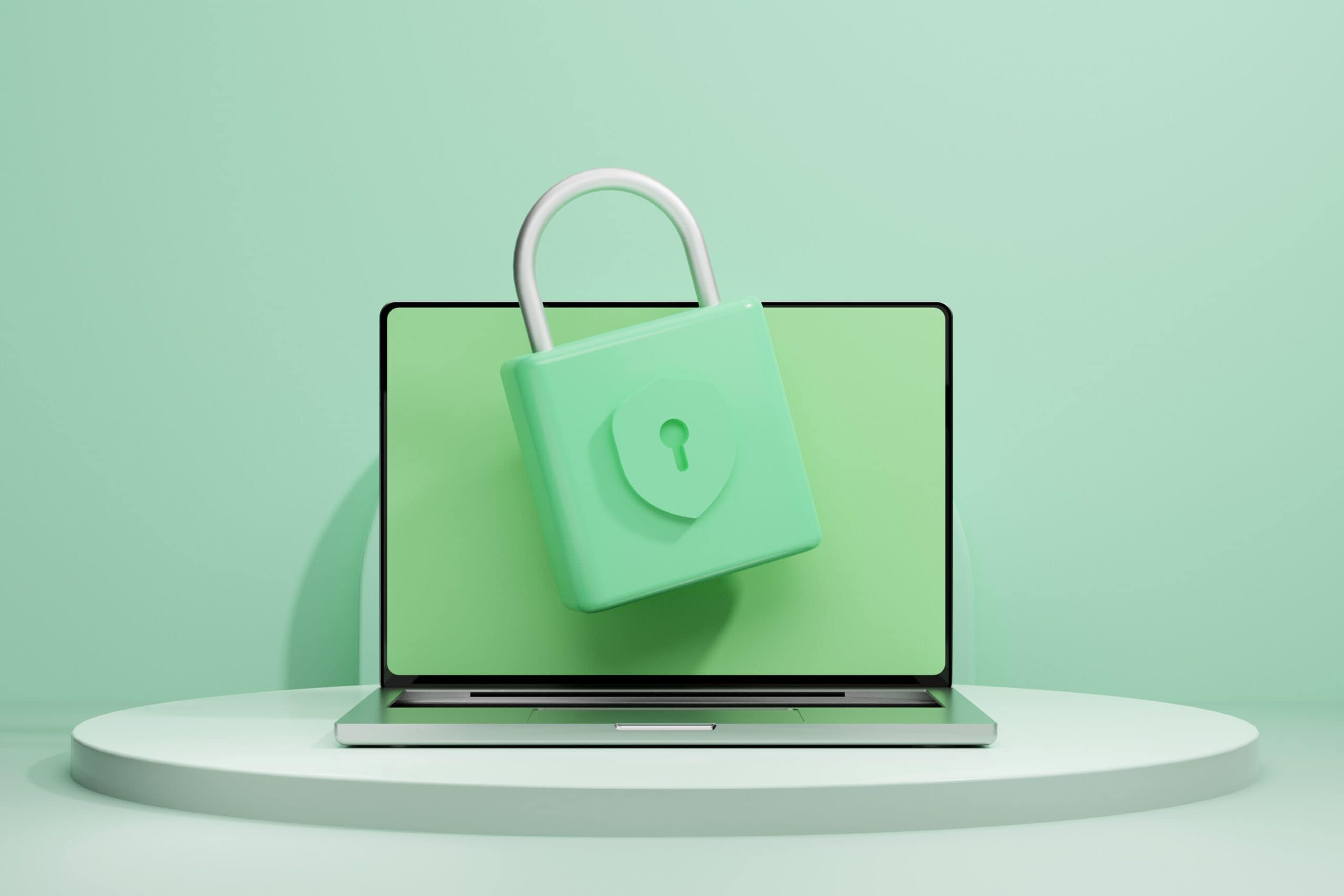 A green laptop with a padlock on it on a green background, symbolizing password security.