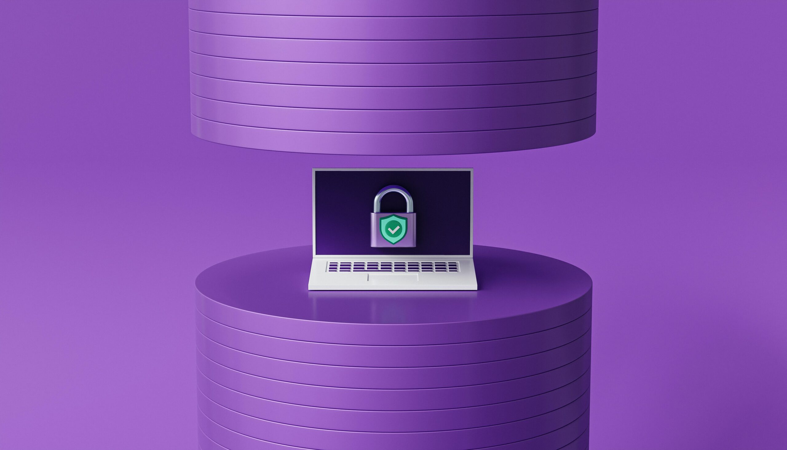 A laptop with a padlock on it on a purple background, symbolizing security through regular reses of Windows password.