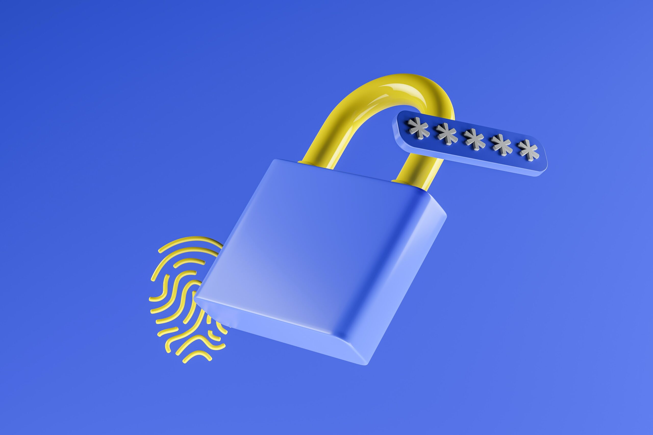 A padlock with a fingerprint on it on a blue background, symbolizing secure access control with strong passwords.