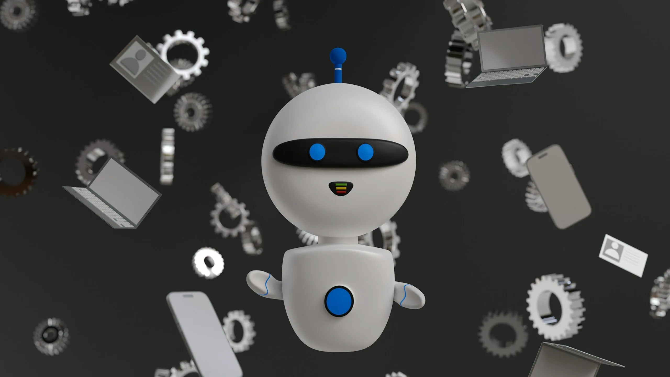 A robot with gears soaring in the air, representing business process automation.