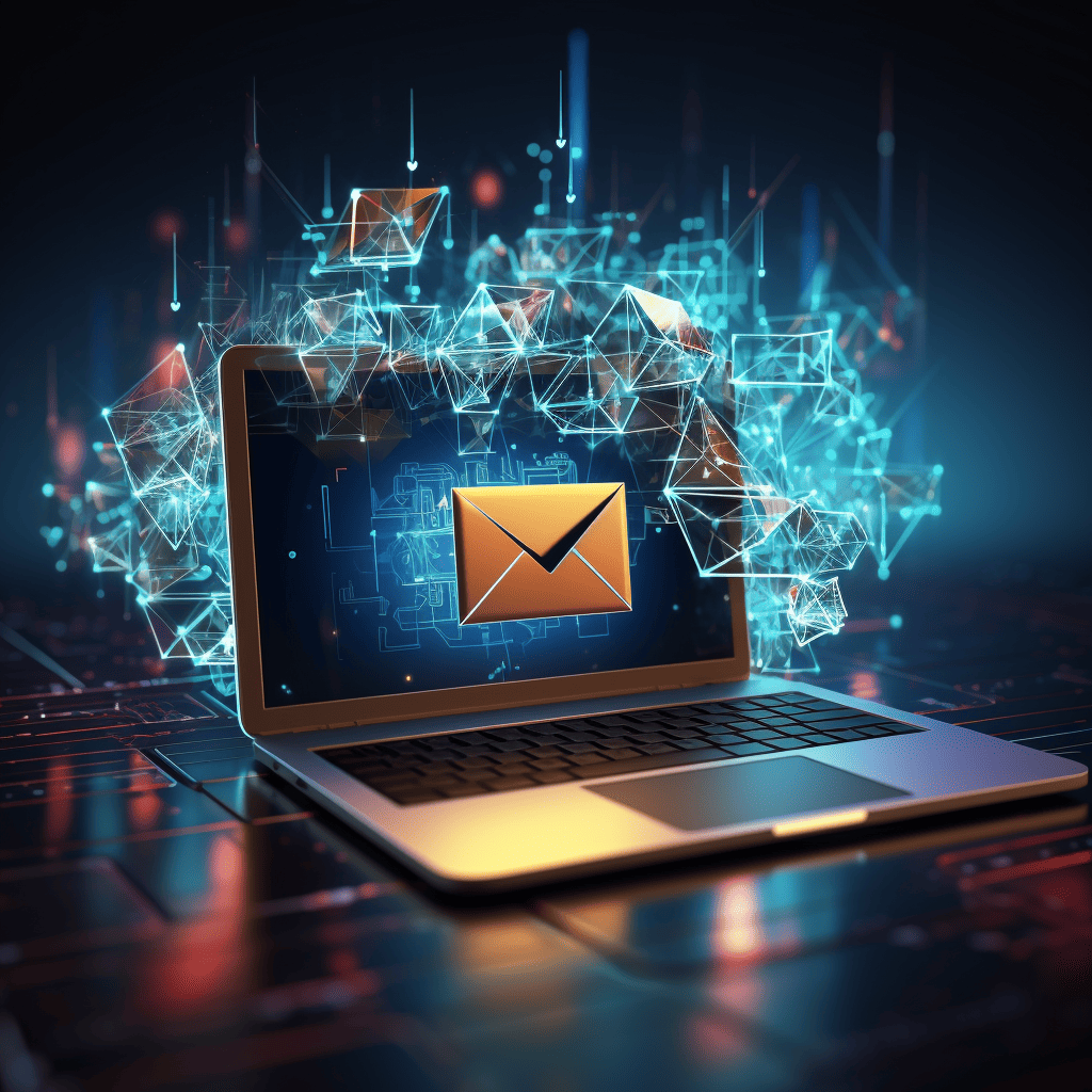 Abstract image of laptop, surrounded by different data points, with an email envelope flying out of it representing email security best practices.