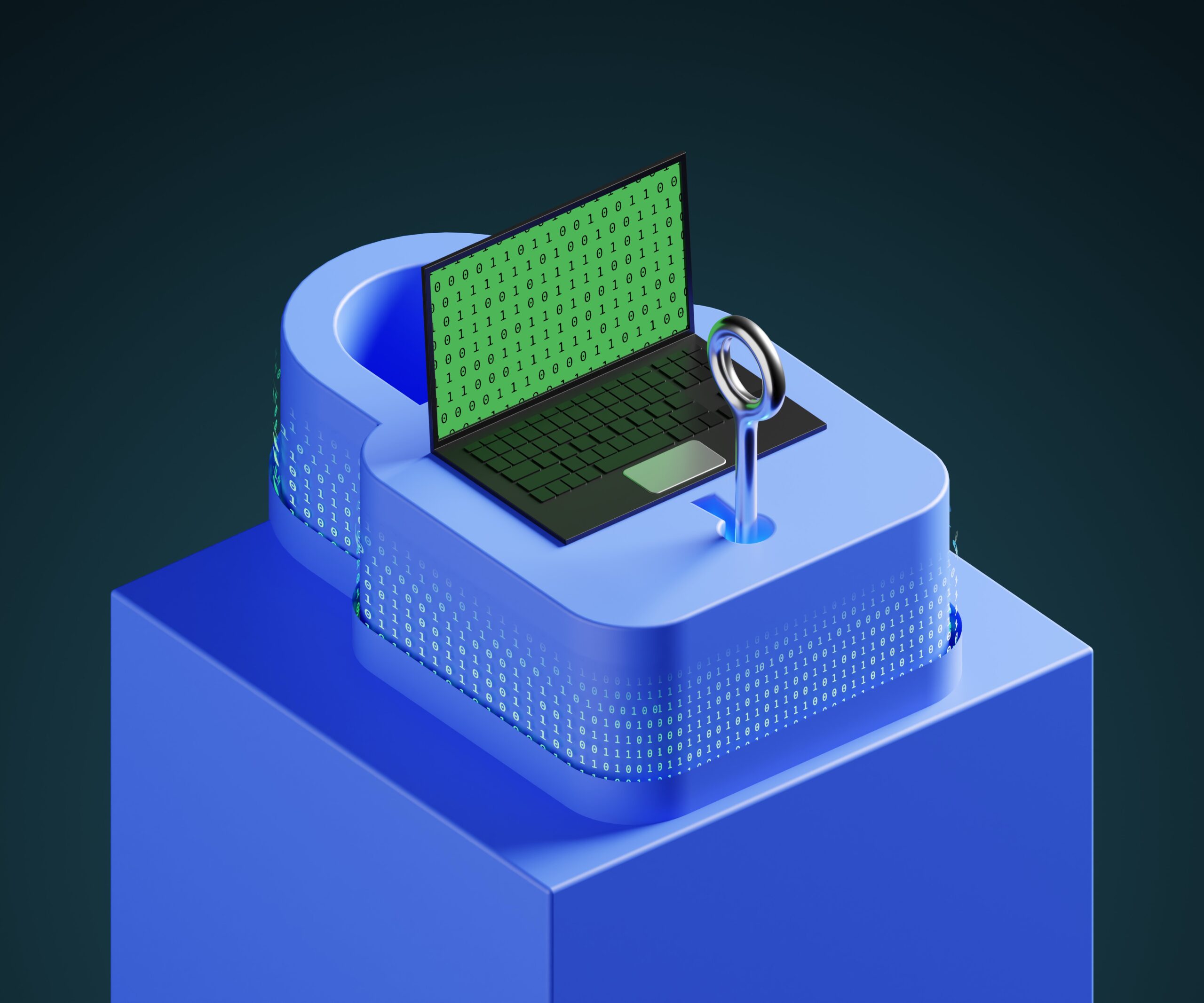 Graphic of a laptop on top of a lock and key representing methods to secure data.