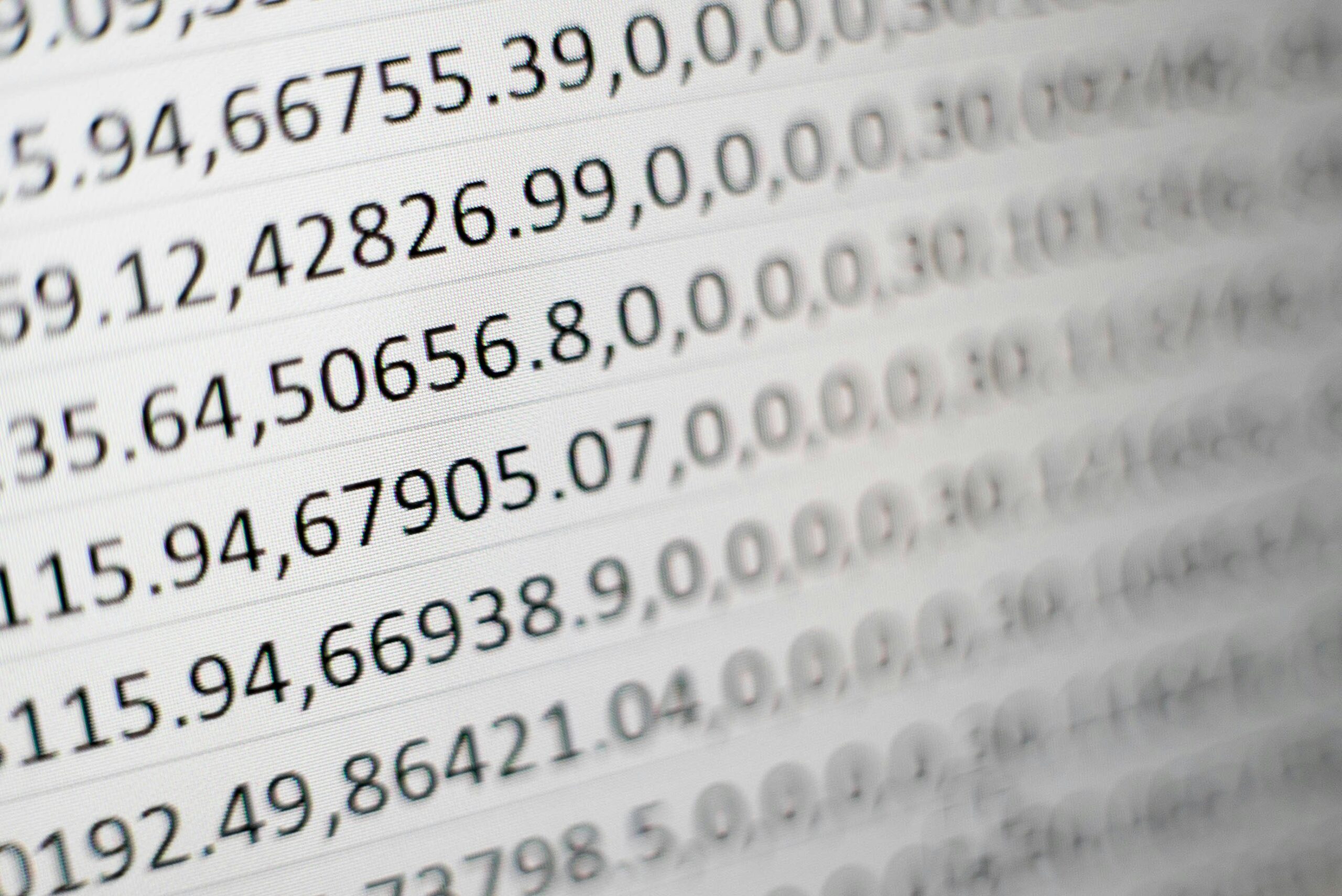 A close up of a computer screen displaying numbers for graph that will be made by data automation tools.