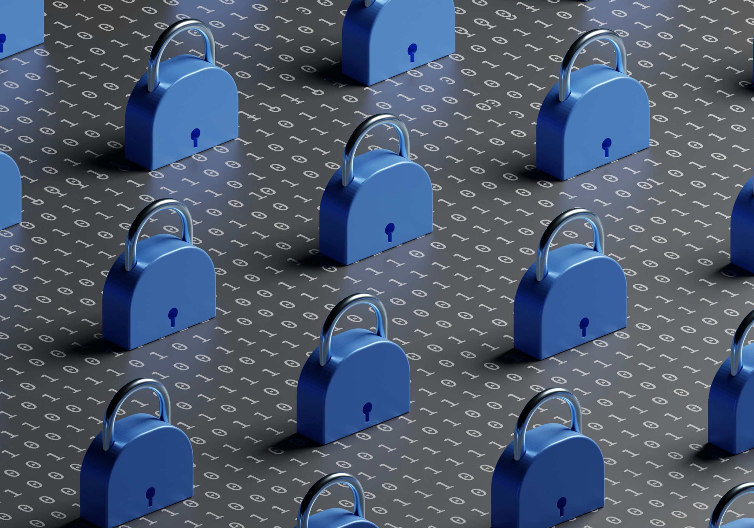 A group of blue padlocks on a black background, representing the security received from learning what is SEG and implementing it.