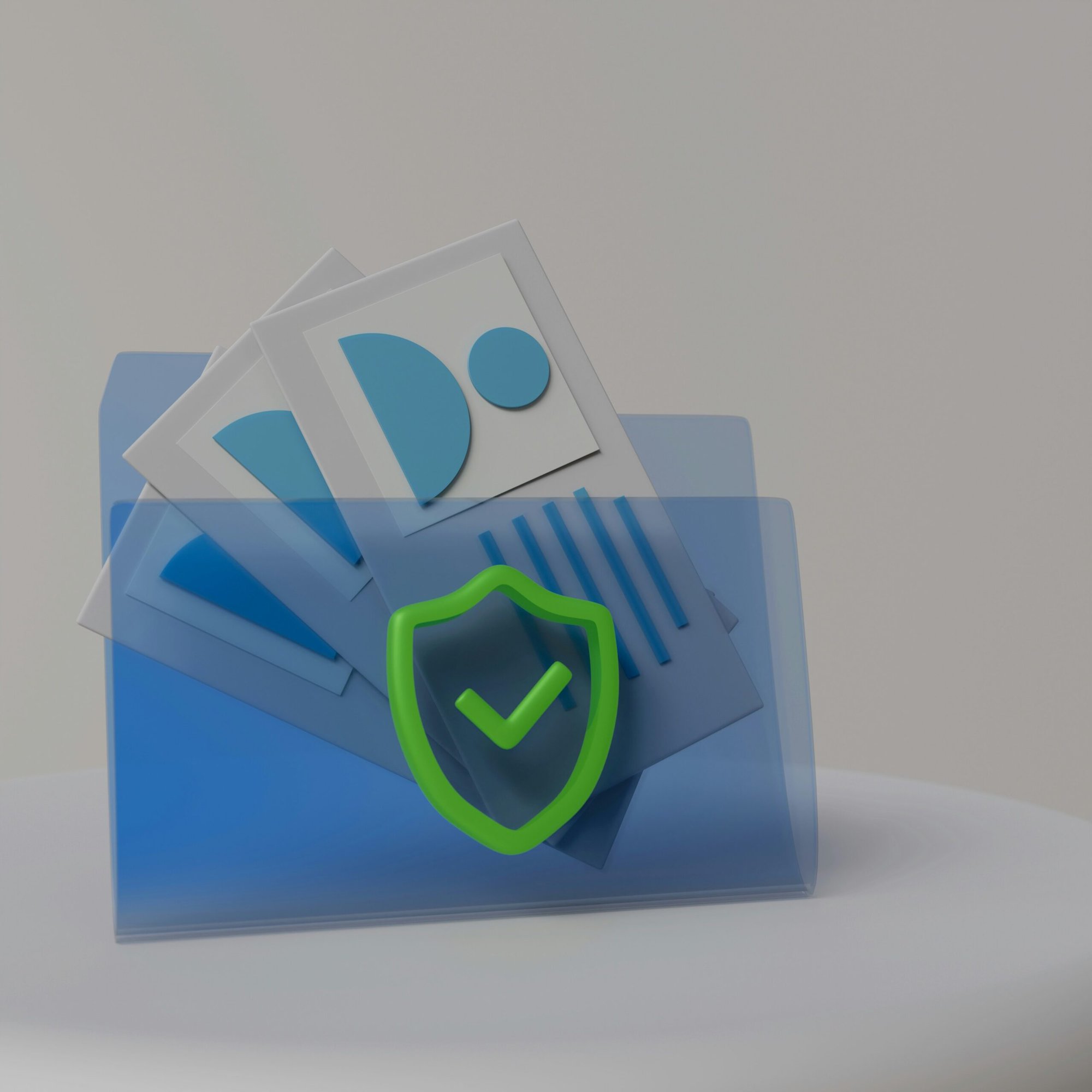 A blue folder with papers sticking out of it and a green checkmark on the front, symbolizing secure information processing.
