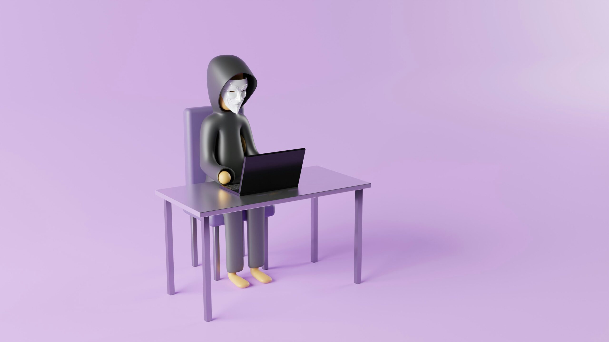 A cartoon character wearing a mask sitting at a desk with a laptop, navigating through cyber attacks to survive.