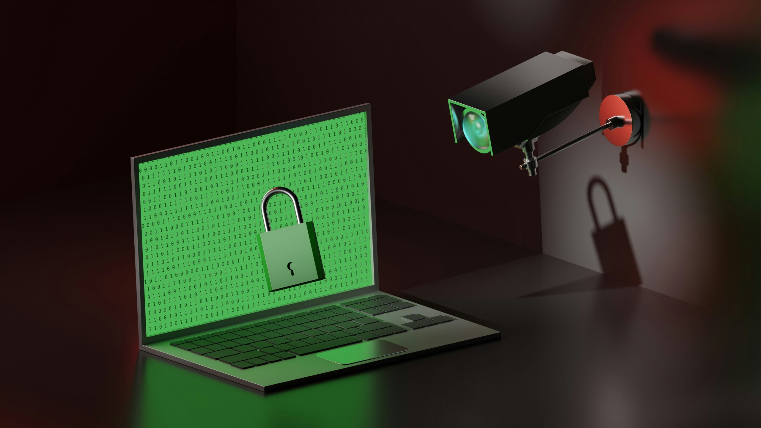 A laptop with a green padlock and a security camera, symbolizing cybersecurity measures to protect PII.