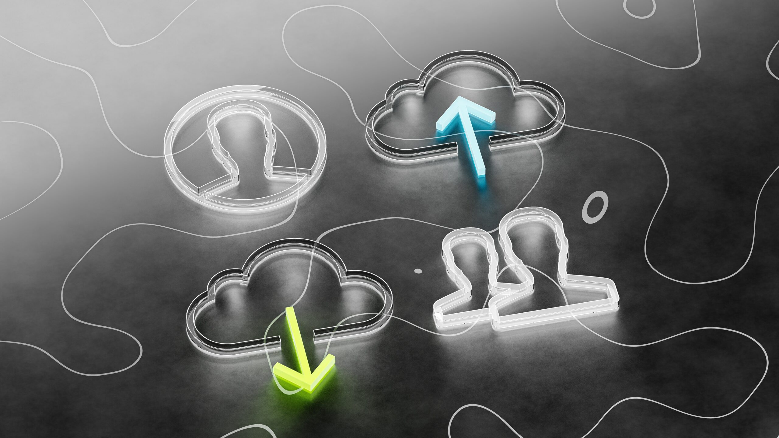Abstract graphic of glowing cloud symbols with arrows indicating data transfer, an aspect of IT infrastructure management.