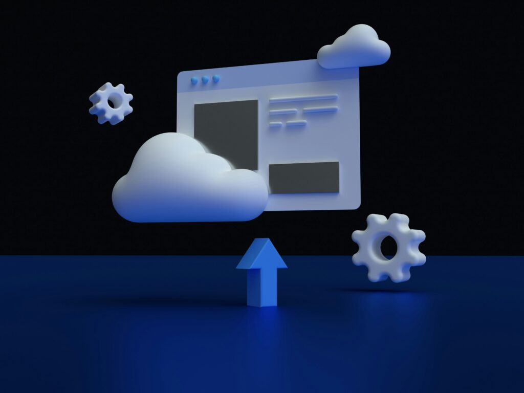 3D illustration of remote managed services concept with a browser window, clouds, gears, and an upload arrow.
