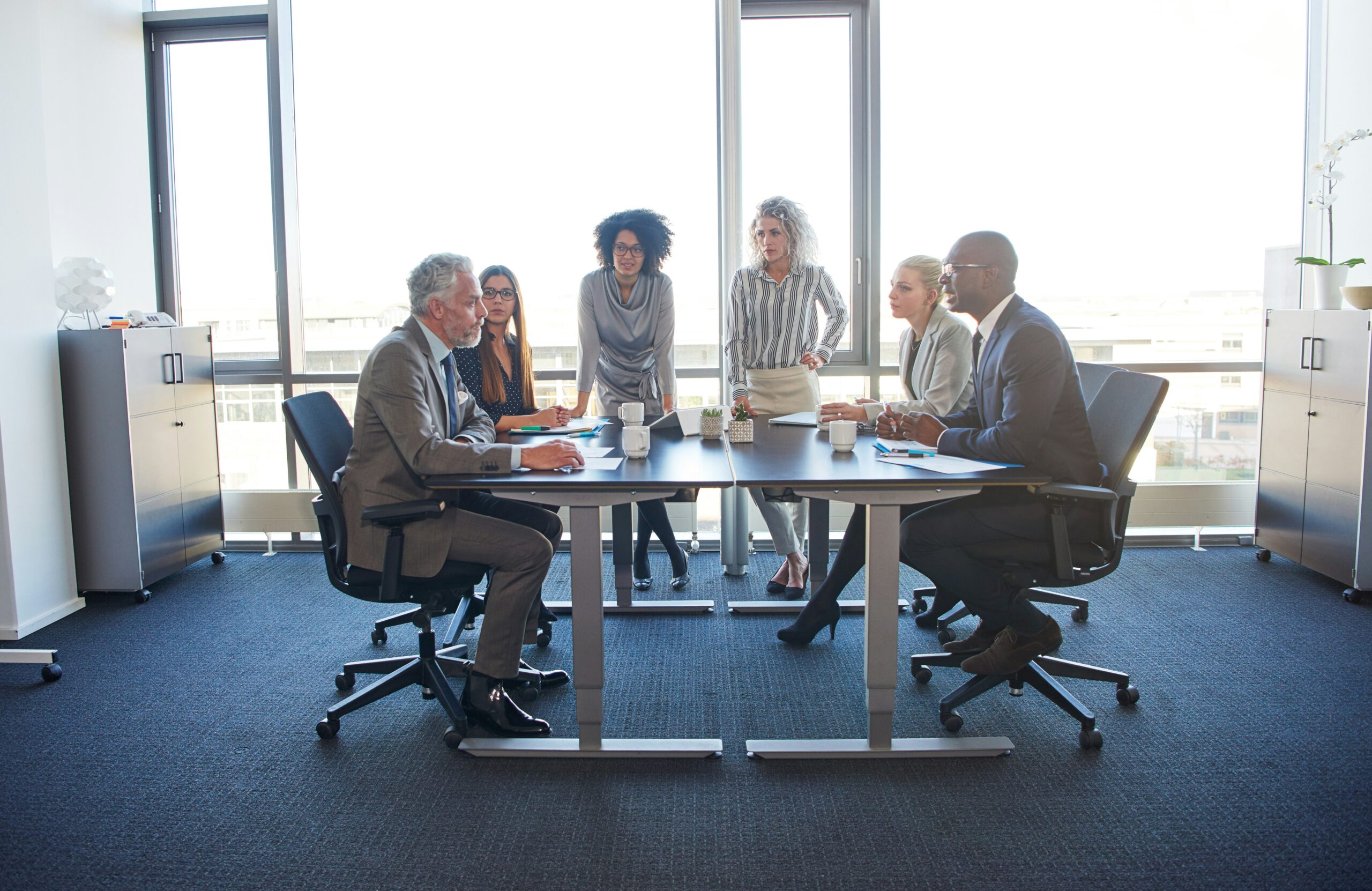 Diverse group of IT professionals engaged in a boardroom meeting at a large table with documents and laptops, in a bright office with large windows.