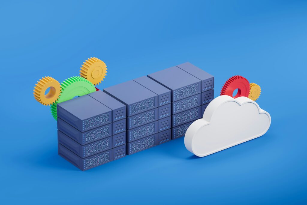 3d illustration of servers integrated with cloud computing and colorful gears, symbolizing data storage by technology service provider.