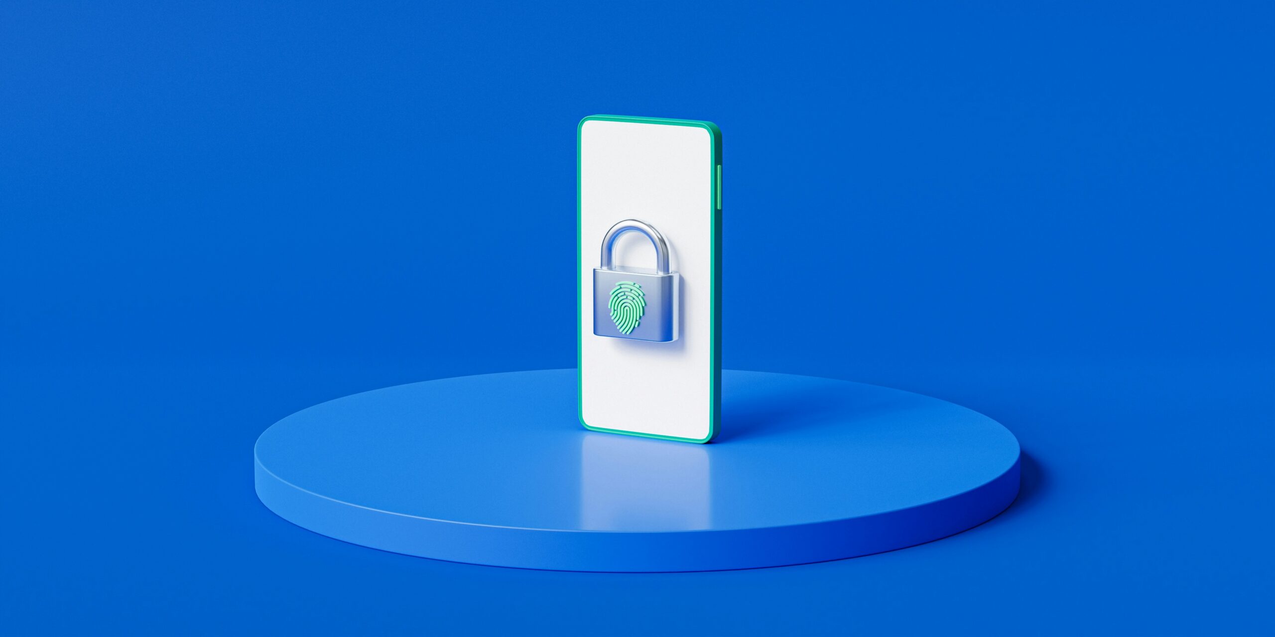 Smartphone with a digital lock icon on its screen, placed on a circular blue podium against a solid blue background with text about MSP in cyber security.