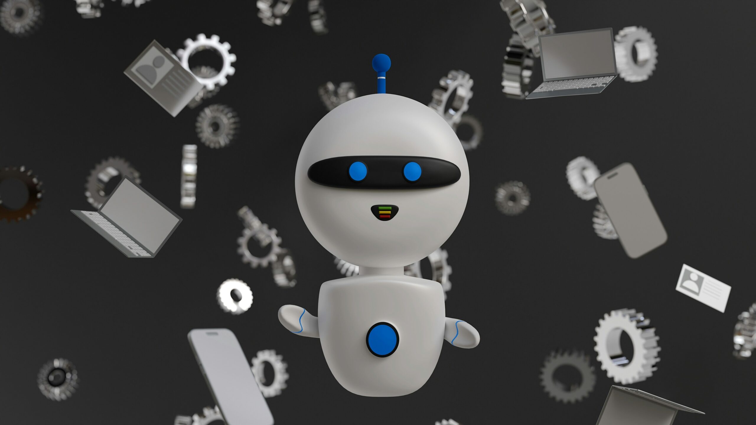 A 3D-rendered white robot with a blue antenna is surrounded by floating gears, smartphones, laptops, and ID cards, exemplifying workflow automation.
