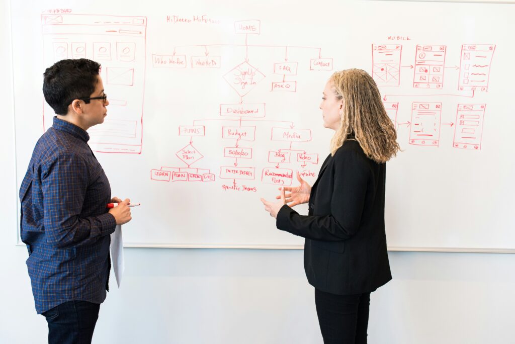 Two professional people in discussion in front of a whiteboard with flowcharts and diagrams sketched in red marker, strategizing on business process automation software.